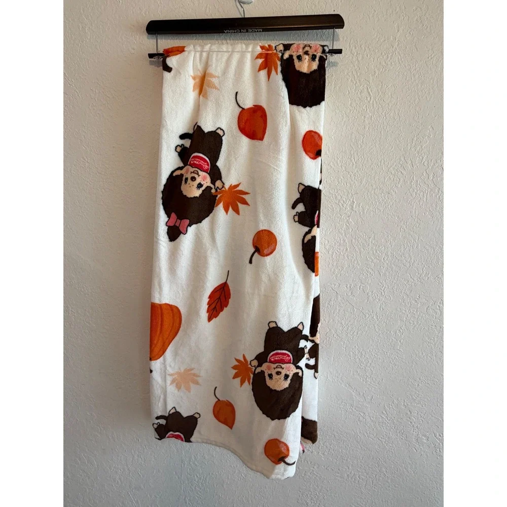 Monchhichi Soft Plush Throw Blanket Autumn Fall Leaves Pumpkins 50x70 New